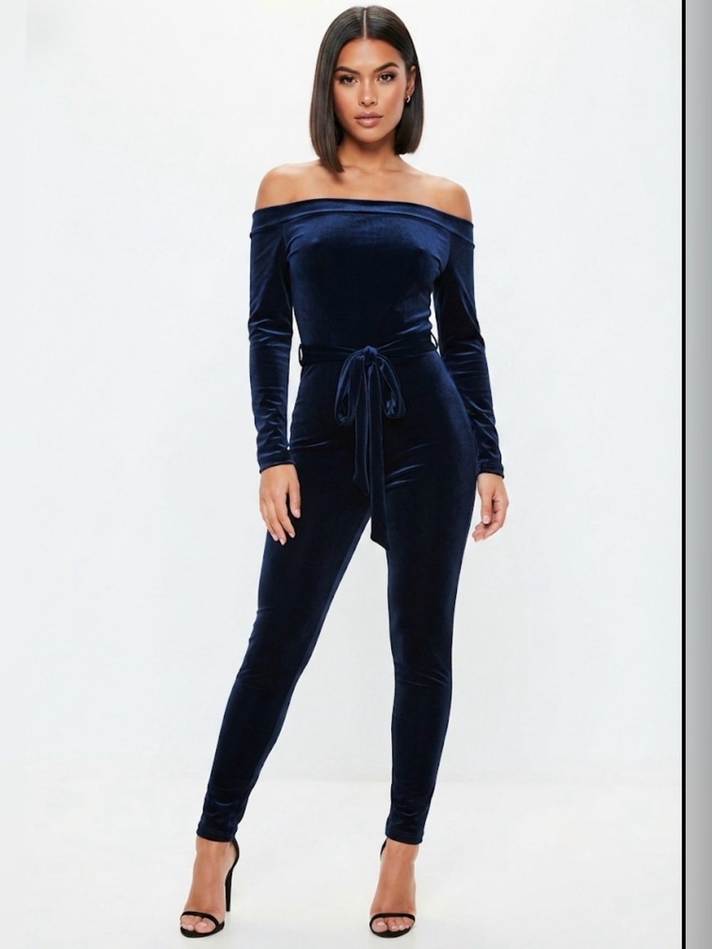 Navy Blue Off-the-Shoulder Velvet Jumpsuit – Size Medium